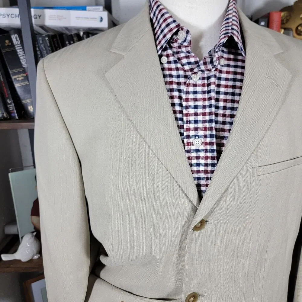 Geoffrey Beene Men's Sport Coat Blazer Three Button Beige Herringbone Silk‎ 41R
